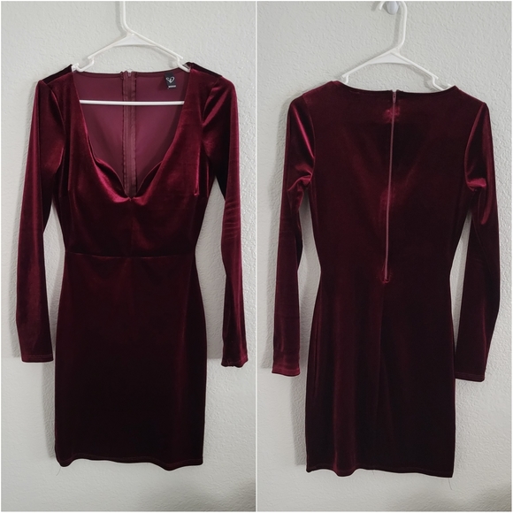 Velvet Vixen Long Sleeve Mini Dress in Red /Burgundy - Picture 3 of 6